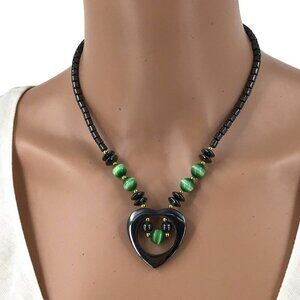 Hematite Necklace Heart Shaped Pendant Green Cats Eye Beads 16 Inch length